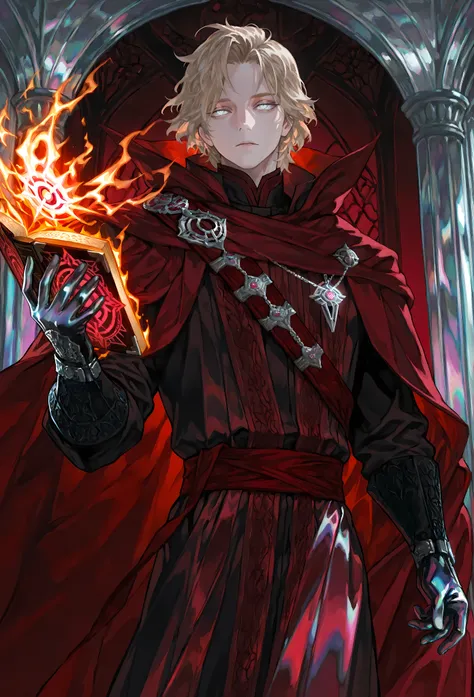 8k, beautiful masterpiece, looking out at the front, alone, pale skin, Perfect Eyes shape, Athletic Build, ((He wears: Black Doctor Strange Robes, Eye of Agamotto Amulet, Dark Red Cape with Cowl, Mystic Gloves, Dark Red Sash)), (((background is vast magic ...