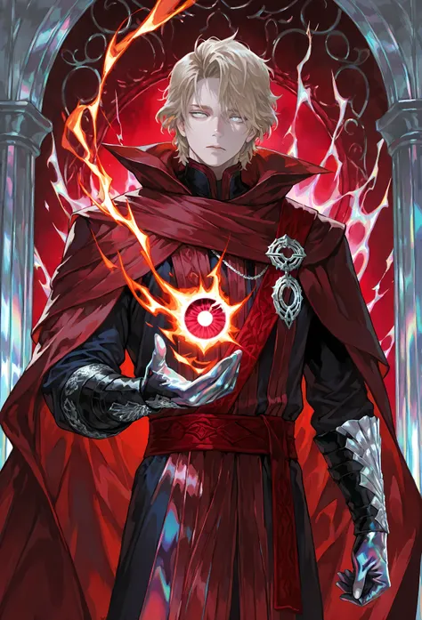 8k, beautiful masterpiece, looking out at the front, alone, pale skin, Perfect Eyes shape, Athletic Build, ((He wears: Black Doctor Strange Robes, Eye of Agamotto Amulet, Dark Red Cape with Cowl, Mystic Gloves, Dark Red Sash)), (((background is vast magic ...