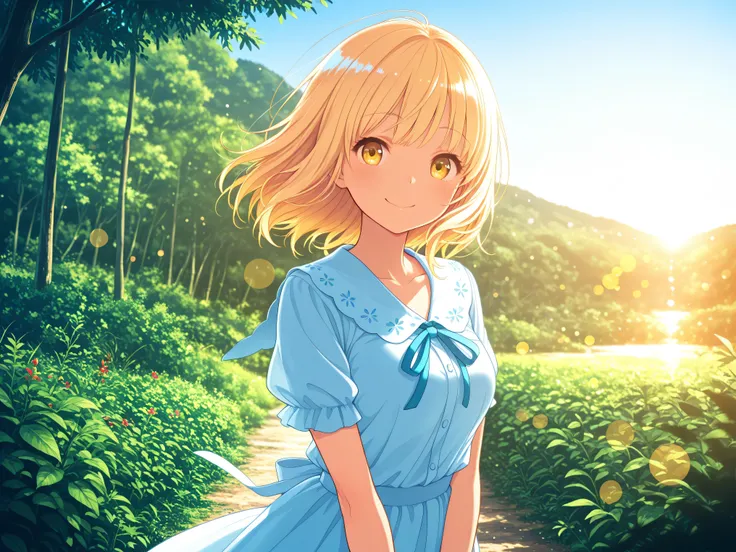 Multiple blonde women, Smile Yan, Kawahara, Early summer sunshine , Outdoors, High Quality, Masterpiece, 8K, Super Detailed, Professional, vivid colors, Bokeh, Scenery, nature, Bright, Vivid