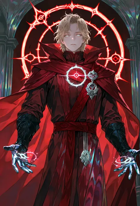 8k, beautiful masterpiece, looking out at the front, alone, pale skin, Perfect Eyes shape, Athletic Build, ((He wears: Black Doctor Strange Robes, Eye of Agamotto Amulet, Dark Red Cape with Cowl, Mystic Gloves, Dark Red Sash)), (((background is vast magic ...