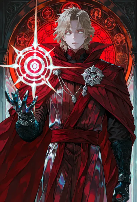 8k, beautiful masterpiece, looking out at the front, alone, pale skin, Perfect Eyes shape, Athletic Build, ((He wears: Black Doctor Strange Robes, Eye of Agamotto Amulet, Dark Red Cape with Cowl, Mystic Gloves, Dark Red Sash)), (((background is vast magic ...