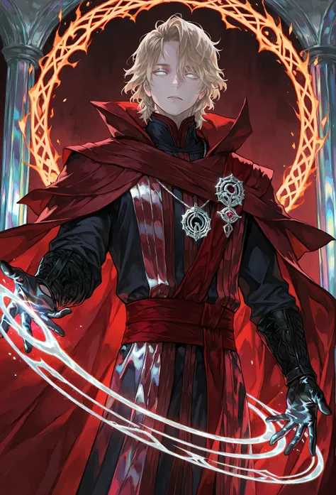 8k, beautiful masterpiece, looking out at the front, alone, pale skin, Perfect Eyes shape, Athletic Build, ((He wears: Black Doctor Strange Robes, Eye of Agamotto Amulet, Dark Red Cape with Cowl, Mystic Gloves, Dark Red Sash)), (((background is vast magic ...