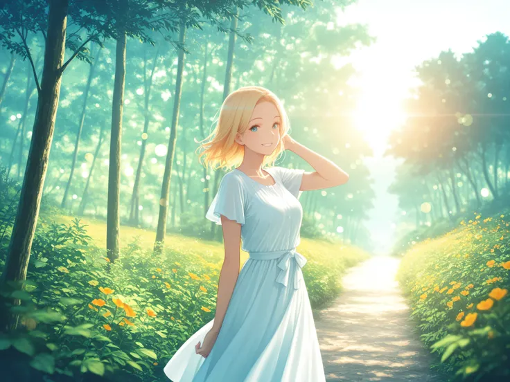 Multiple blonde women, Smile Yan, Kawahara, Early summer sunshine , Outdoors, High Quality, Masterpiece, 8K, Super Detailed, Professional, vivid colors, Bokeh, Scenery, nature, Bright, Vivid