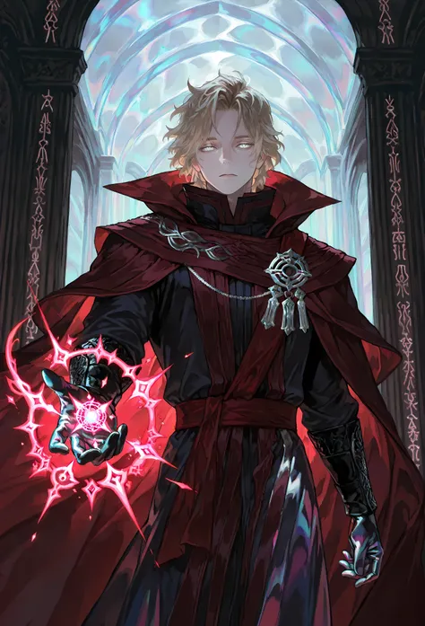 8k, beautiful masterpiece, looking out at the front, alone, pale skin, Perfect Eyes shape, Athletic Build, ((He wears: Black Doctor Strange Robes, Eye of Agamotto Amulet, Dark Red Cape with Cowl, Mystic Gloves, Dark Red Sash)), (((background is vast magic ...