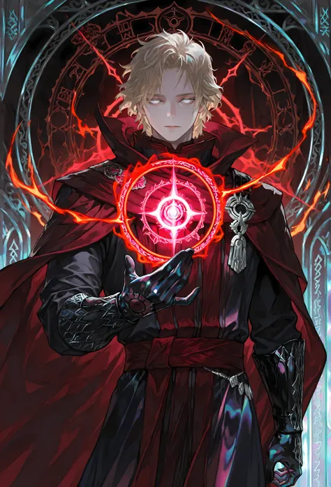 8k, beautiful masterpiece, looking out at the front, alone, pale skin, Perfect Eyes shape, Athletic Build, ((He wears: Black Doctor Strange Robes, Eye of Agamotto Amulet, Dark Red Cape with Cowl, Mystic Gloves, Dark Red Sash)), (((background is vast magic ...