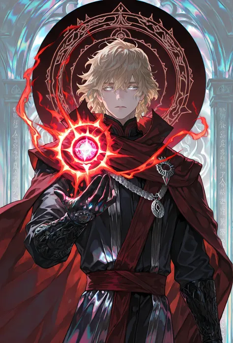 8k, beautiful masterpiece, looking out at the front, alone, pale skin, Perfect Eyes shape, Athletic Build, ((He wears: Black Doctor Strange Robes, Eye of Agamotto Amulet, Dark Red Cape with Cowl, Mystic Gloves, Dark Red Sash)), (((background is vast magic ...