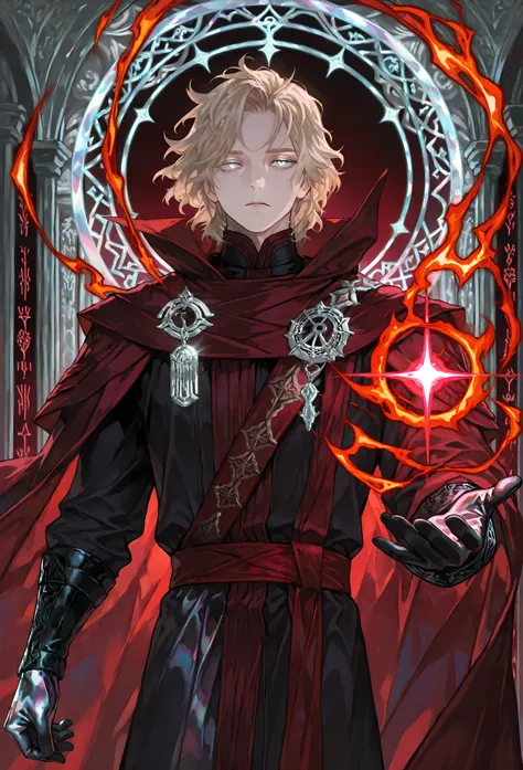 8k, beautiful masterpiece, looking out at the front, alone, pale skin, Perfect Eyes shape, Athletic Build, ((He wears: Black Doctor Strange Robes, Eye of Agamotto Amulet, Dark Red Cape with Cowl, Mystic Gloves, Dark Red Sash)), (((background is vast magic ...