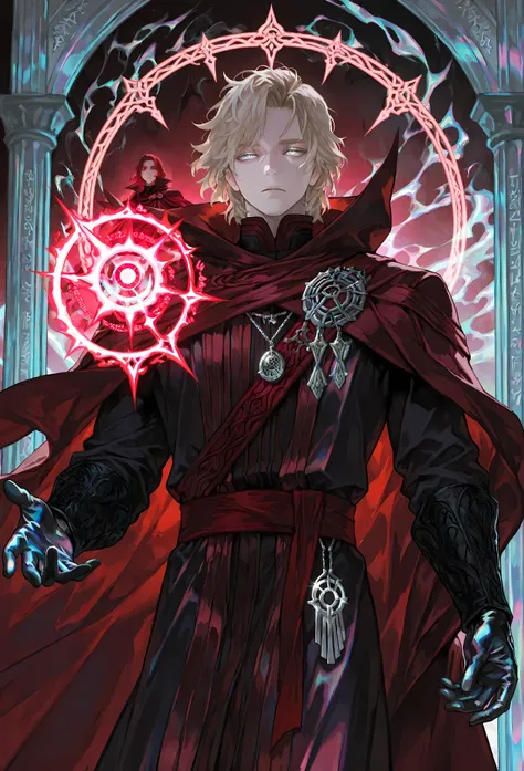 8k, beautiful masterpiece, looking out at the front, alone, pale skin, Perfect Eyes shape, Athletic Build, ((He wears: Black Doctor Strange Robes, Eye of Agamotto Amulet, Dark Red Cape with Cowl, Mystic Gloves, Dark Red Sash)), (((background is vast magic ...