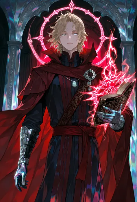 8k, beautiful masterpiece, looking out at the front, alone, pale skin, Perfect Eyes shape, Athletic Build, ((He wears: Black Doctor Strange Robes, Eye of Agamotto Amulet, Dark Red Cape with Cowl, Mystic Gloves, Dark Red Sash)), (((background is vast magic ...