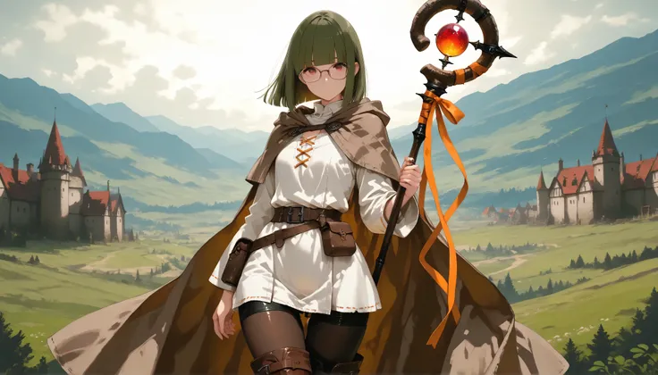 masterpiece, 8k, fantasy world, female character, 1girl, high detailed white tunic and short pants, flat chests, dark thigh high tights, thigh gap, high cut leather boots, brown cape, short deep green bobbed hair, orange ribbon, blunt bangs, glasses, (litt...