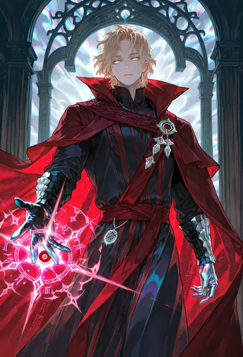 8k, beautiful masterpiece, looking out at the front, alone, pale skin, Perfect Eyes shape, Athletic Build, ((He wears: Black Doctor Strange Robes, Eye of Agamotto Amulet, Dark Red Cape with Cowl, Mystic Gloves, Dark Red Sash)), (((background is vast magic ...