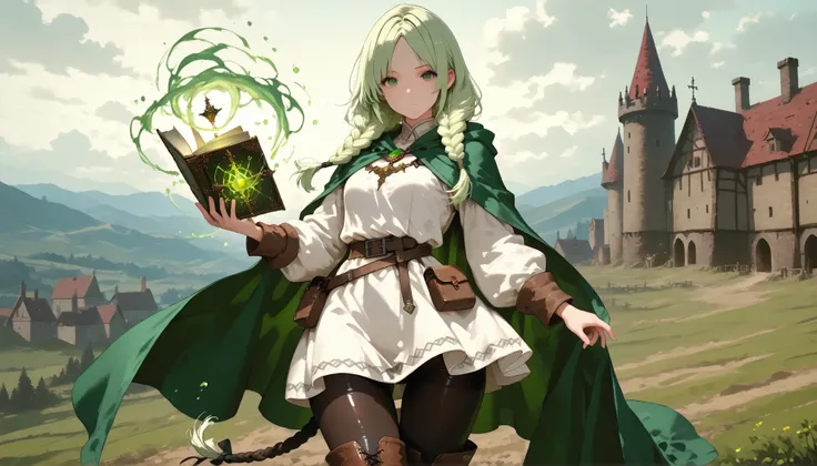 masterpiece, 8k, fantasy world, female character, 1girl, high detailed white tunic and skirt, small breasts, dark thigh high tights, thigh gap, high cut leather boots, green cape, golden brooch, short wavy light green hair, braided twin tail, parted bangs,...