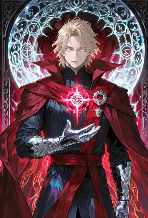 8k, beautiful masterpiece, looking out at the front, alone, pale skin, Perfect Eyes shape, Athletic Build, ((He wears: Black Doctor Strange Robes, Eye of Agamotto Amulet, Dark Red Cape with Cowl, Mystic Gloves, Dark Red Sash)), (((background is vast magic ...