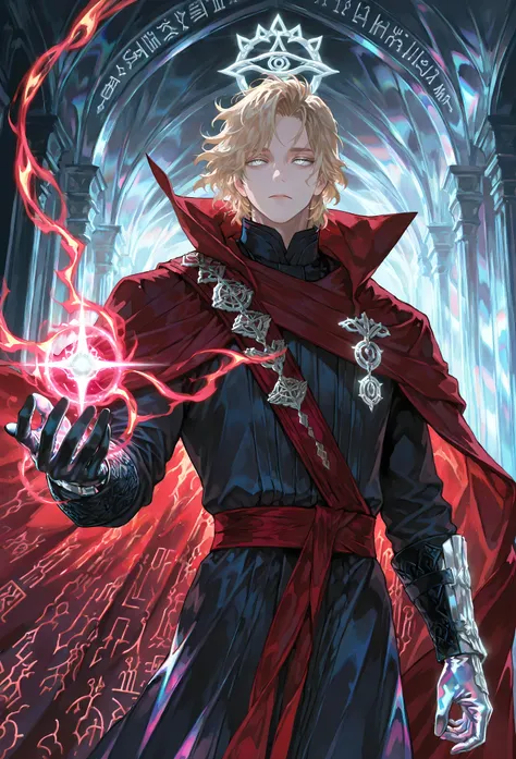 8k, beautiful masterpiece, looking out at the front, alone, pale skin, Perfect Eyes shape, Athletic Build, ((He wears: Black Doctor Strange Robes, Eye of Agamotto Amulet, Dark Red Cape with Cowl, Mystic Gloves, Dark Red Sash)), (((background is vast magic ...