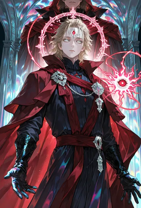 8k, beautiful masterpiece, looking out at the front, alone, pale skin, Perfect Eyes shape, Athletic Build, ((He wears: Black Doctor Strange Robes, Eye of Agamotto Amulet, Dark Red Cape with Cowl, Mystic Gloves, Dark Red Sash)), (((background is vast magic ...