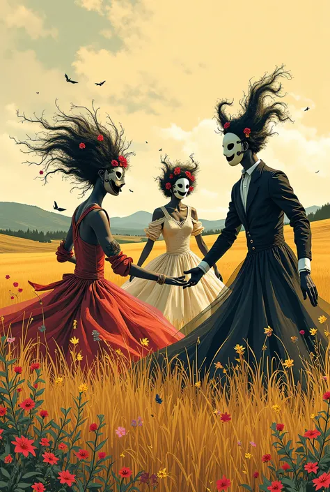 simple 、Masquerade、Men and women wearing masks dancing、prairie background、ジャン・Moebius・ジローにインスパイアされた水墨画 、  Cheerful Torrents  、Moebiusの絵画からインスパイアされたイラストレーション、、Genetically Inspired Ink Paintings   、    bolticism      , ( Moebius ),  Moebiusとモーブハッカー , Moebius...