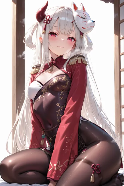 solo,masterpiece,best quality, amazing quality, highres, absurdres, very aesthetic, high resolution, ultra detailed, perfect details,(masterpiece, detailed:1.2),NRNijisanji, NR1stCostume, long hair, grey hair, red eyes, horns, floral print, flower knot, ma...