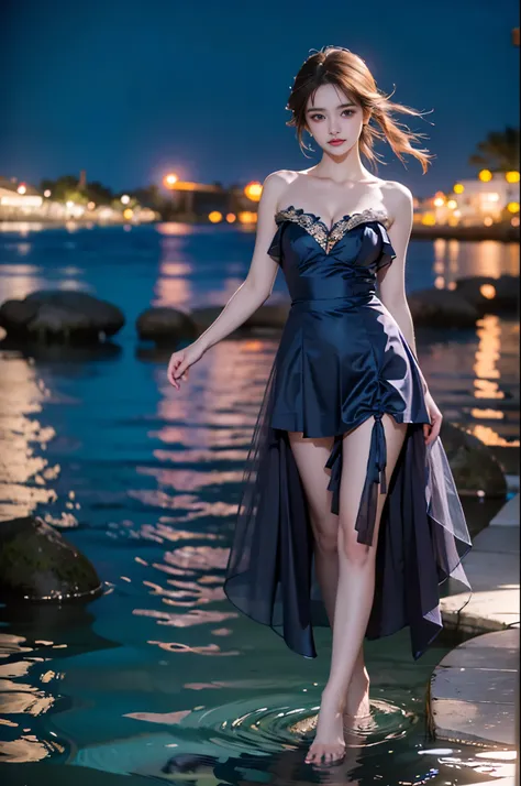 butterfly dress ,,((full body, from below)), (masterpiece, best quality, ultra-detailed, 8k), realistic, a beautiful sexy long-legged model on a tropical beach, (I-type Valley), (Full breasts, visible cleavage, very short skirt hem, exposed shoulders), (Ty...