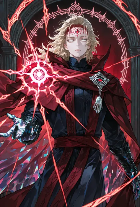 8k, beautiful masterpiece, looking out at the front, alone, pale skin, Perfect Eyes shape, Athletic Build, ((He wears: Black Doctor Strange Robes, Eye of Agamotto Amulet, Dark Red Cape with Cowl, Mystic Gloves, Dark Red Sash)), (((background is vast magic ...