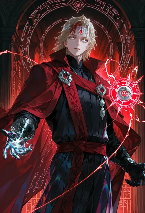 8k, beautiful masterpiece, looking out at the front, alone, pale skin, Perfect Eyes shape, Athletic Build, ((He wears: Black Doctor Strange Robes, Eye of Agamotto Amulet, Dark Red Cape with Cowl, Mystic Gloves, Dark Red Sash)), (((background is vast magic ...