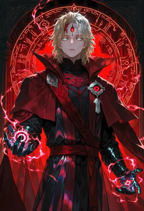 8k, beautiful masterpiece, looking out at the front, alone, pale skin, Perfect Eyes shape, Athletic Build, ((He wears: Black Doctor Strange Robes, Eye of Agamotto Amulet, Dark Red Cape with Cowl, Mystic Gloves, Dark Red Sash)), (((background is vast magic ...