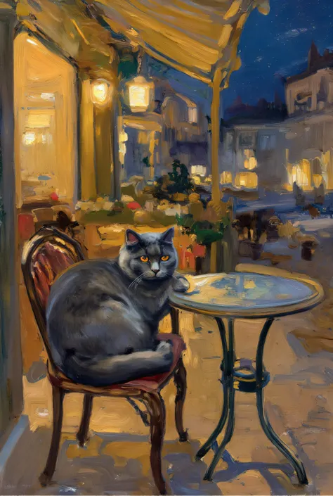 A highly detailed, richly textured Van Gogh–style oil painting inspired by “Café Terrace at Night,” featuring a calm and dignified British Shorthair cat curled up peacefully on a café chair beside a small round table at an outdoor European-style café terra...