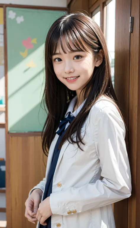 S,Line up quietly before entering the claSSroom, elementary School StudentS, 女の子,かわいい, MaSterpiece, DetailS,Smile