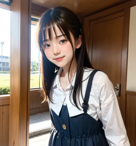 S, please line up quietly before entering the classroom, elementary school student, girls,cute, masterpiece, details,smile
