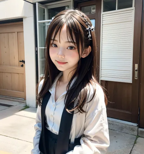 S, please line up quietly before entering the classroom, elementary school student, girls,cute, masterpiece, details,smile