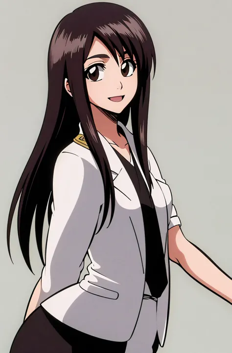 Masterpiece, top quality , one girl from the side , romantic love , black hair, single ,Straight long hair, brown eyes, kimono, white sleeveless coat ,Captain's coat without white sleeves, black kimono , smile, alone, I'm looking for , simple background ,