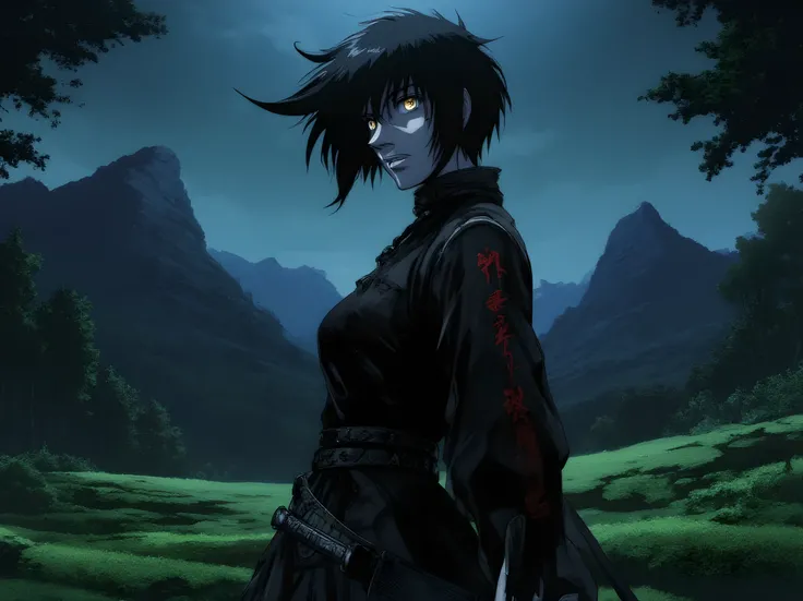 hellsing_ultimate_style,Portrait, girl, short black pixie hair, warrior, with sword on right hip, black kimono, pale, brown eyes, tattoo on left arm in the form of Chinese characters, beautiful, dark fantasy, gothic, chinese fantasy, gloomy, field and mou...