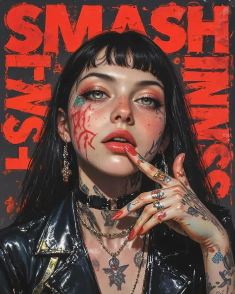 wicked, Dark and dangerous world of picture books！、((Dangerous World:1.2)) fashion photograph、((Movie poster: "Smash Things" Olbamedusa presents:1.2))、portrait,a young woman, photorealistic, Later ,genuine leather  ,best quality ,  super fine ,mafia  ,faci...