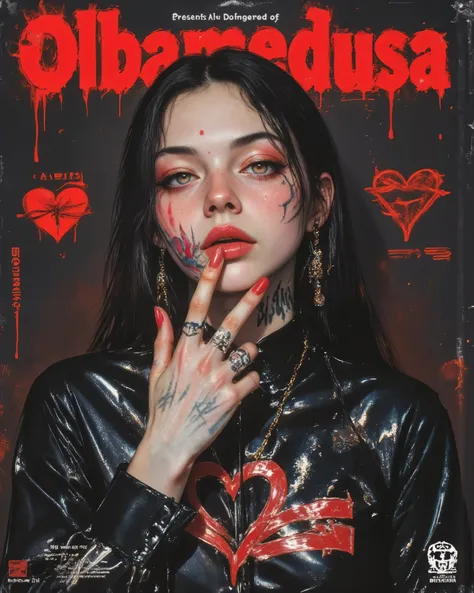 wicked, Dark and Dangerous Picture Book World！、((Dangerous World:1.2)) fashion photograph、((Movie poster: "Olbamedusa" Olbamedusa presents:1.2))、portrait,a young woman, photorealistic, Later ,genuine leather  ,best quality ,  super fine ,mafia  ,facial tat...