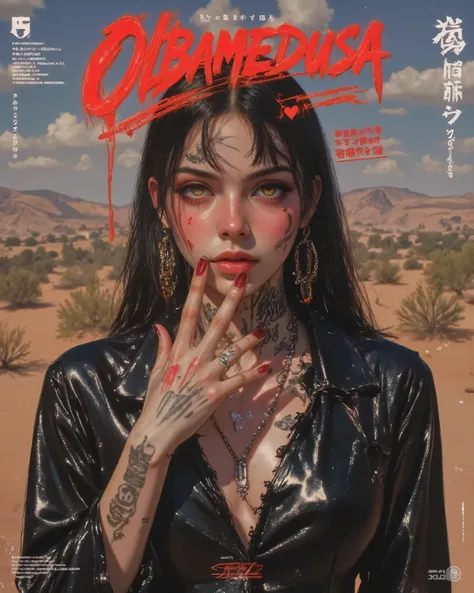 wicked, Dark and Dangerous Picture Book World！、((Dangerous World:1.2)) fashion photograph、((Movie poster: "Olbamedusa" Olbamedusa presents:1.2))、portrait,a young woman, desierto de mexico, escena epica, photorealistic, Later ,genuine leather  ,best quality...