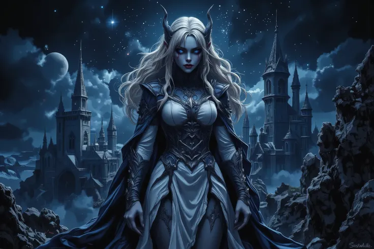 a picture of vampire elf in her castle, an exquisite beautiful female vampire elf standing under the night sky , full body (ultra detailed, Masterpiece, best quality), ultra detailed face (ultra detailed, Masterpiece, best quality), grey skin, blond hair, ...