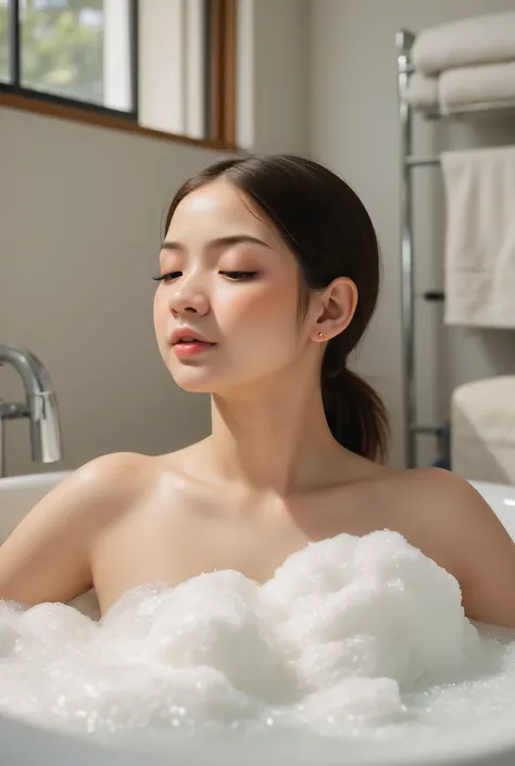 CREATE ANIME CARTOON 3D PHOTO, "A highly realistic, ultra-detailed portrait of a woman relaxing in a bubble bath, captured in the best settings of a SONY A7R with a fast prime lens (f/1.8). The scene features a minimalist bathroom with soft, natural lighti...