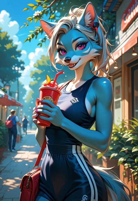 A stylish anthro wolf female with silver-gray fur walks along a gravel path in the park, holding a smoothie in one paw and her phone in the other. She wears a sporty sleeveless black dress with a high neckline and red side stripes. Her earpods are in, and ...