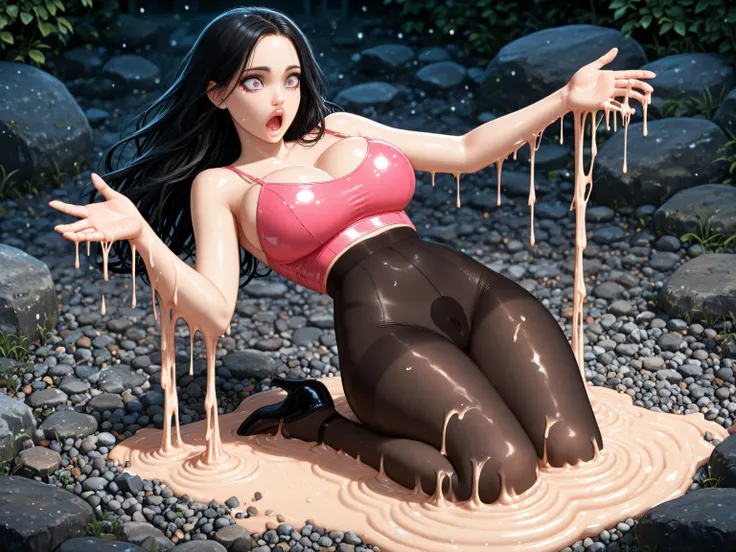 eyesHD,masterpiece, best quality, amazing quality, hyper-detailed, newest, very aesthetic, 1 adult woman, woman melting:1.0, melt sexdoll:1.0, thick sexdoll seams:2.0, sexdoll mouth:2.0, sexdoll lips:2.0, open mouth, orgaming, dynamic pose:1.0, sexy clothe...
