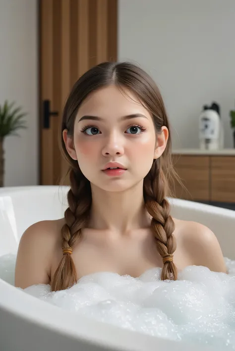The facial reaction is very gloomy and sad, CREATE ANIME CARTOON 3D PHOTO, "A highly realistic, ultra-detailed portrait of a woman relaxing in a bubble bath, captured in the best settings of a SONY A7R with a fast prime lens (f/1.8). The scene features a m...