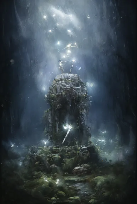 6 tiny fairies of light flying around a strange grave, cursed , Pagan. The grave is covered by weeds and flowers, Dark Fantasy, Close-up, Renaissance pose, Francisco de Goya , storm, it's raining, forest