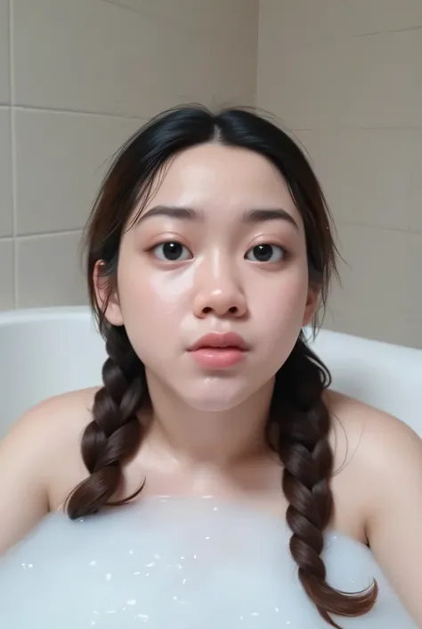 The facial reaction is very gloomy and sad, CREATE ANIME CARTOON 3D PHOTO, "A highly realistic, ultra-detailed portrait of a woman relaxing in a bubble bath, captured in the best settings of a SONY A7R with a fast prime lens (f/1.8). The scene features a m...