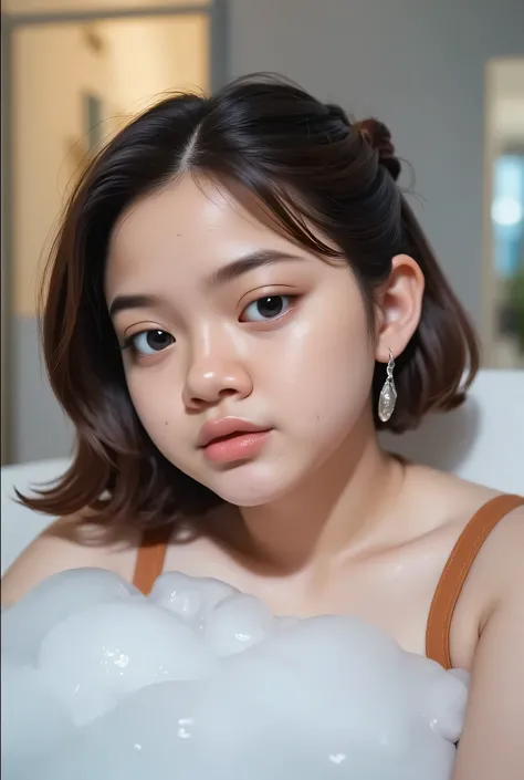 The facial reaction is very gloomy and sad, CREATE ANIME CARTOON 3D PHOTO, "A highly realistic, ultra-detailed portrait of a woman relaxing in a bubble bath, captured in the best settings of a SONY A7R with a fast prime lens (f/1.8). The scene features a m...