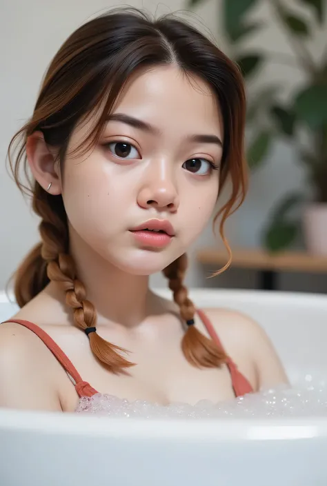 The facial reaction is very gloomy and sad, CREATE ANIME CARTOON 3D PHOTO, "A highly realistic, ultra-detailed portrait of a woman relaxing in a bubble bath, captured in the best settings of a SONY A7R with a fast prime lens (f/1.8). The scene features a m...