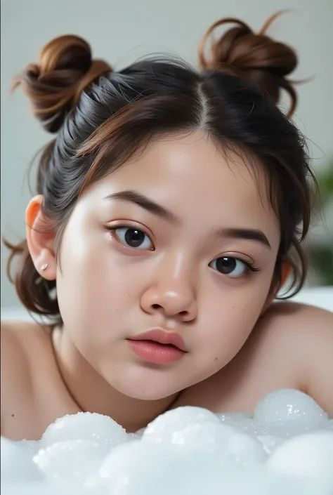 Chubby cheeks, chubby cheeks,The facial reaction is very gloomy and sad, CREATE ANIME CARTOON 3D PHOTO, "A highly realistic, ultra-detailed portrait of a woman relaxing in a bubble bath, captured in the best settings of a SONY A7R with a fast prime lens (f...