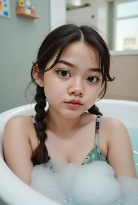 Chubby cheeks, chubby cheeks,The facial reaction is very gloomy and sad, CREATE ANIME CARTOON 3D PHOTO, "A highly realistic, ultra-detailed portrait of a woman relaxing in a bubble bath, captured in the best settings of a SONY A7R with a fast prime lens (f...