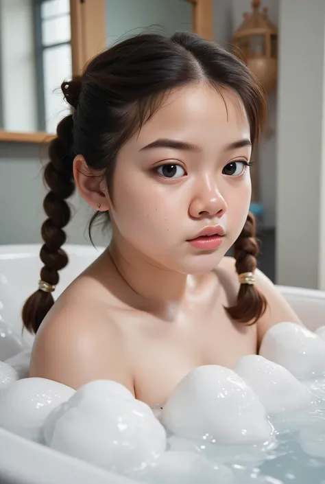 Chubby cheeks, chubby cheeks,The facial reaction is very gloomy and sad, CREATE ANIME CARTOON 3D PHOTO, "A highly realistic, ultra-detailed portrait of a woman relaxing in a bubble bath, captured in the best settings of a SONY A7R with a fast prime lens (f...
