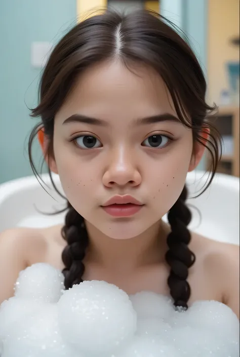 Chubby cheeks, chubby cheeks,The facial reaction is very gloomy and sad, CREATE ANIME CARTOON 3D PHOTO, "A highly realistic, ultra-detailed portrait of a woman relaxing in a bubble bath, captured in the best settings of a SONY A7R with a fast prime lens (f...