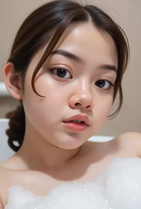 Pipi tembak, pipi tembak, Chubby cheeks, chubby cheeks,The facial reaction is very gloomy and sad, CREATE ANIME CARTOON 3D PHOTO, "A highly realistic, ultra-detailed portrait of a woman relaxing in a bubble bath, captured in the best settings of a SONY A7R...