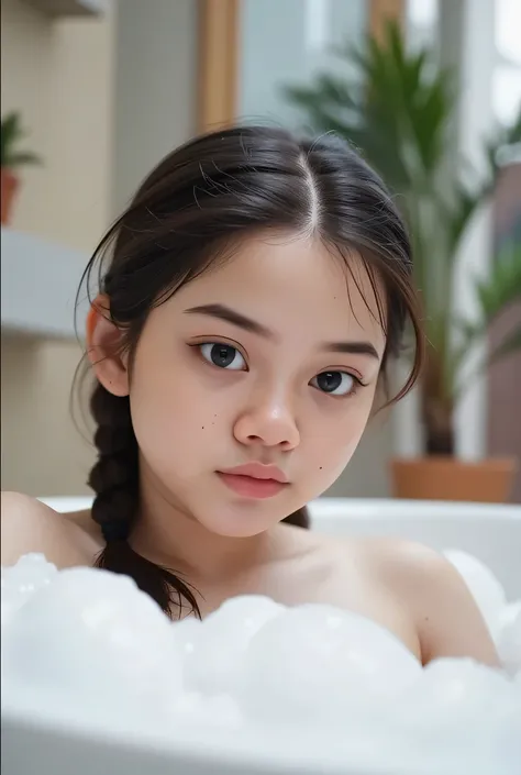Chubby cheeks, chubby cheeks,The facial reaction is very gloomy and sad, CREATE ANIME CARTOON 3D PHOTO, "A highly realistic, ultra-detailed portrait of a woman relaxing in a bubble bath, captured in the best settings of a SONY A7R with a fast prime lens (f...