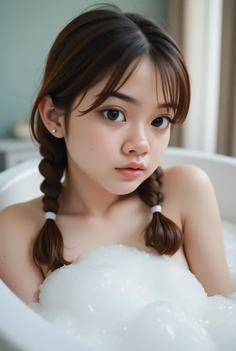 The facial reaction is very gloomy and sad, CREATE ANIME CARTOON 3D PHOTO, "A highly realistic, ultra-detailed portrait of a woman relaxing in a bubble bath, captured in the best settings of a SONY A7R with a fast prime lens (f/1.8). The scene features a m...